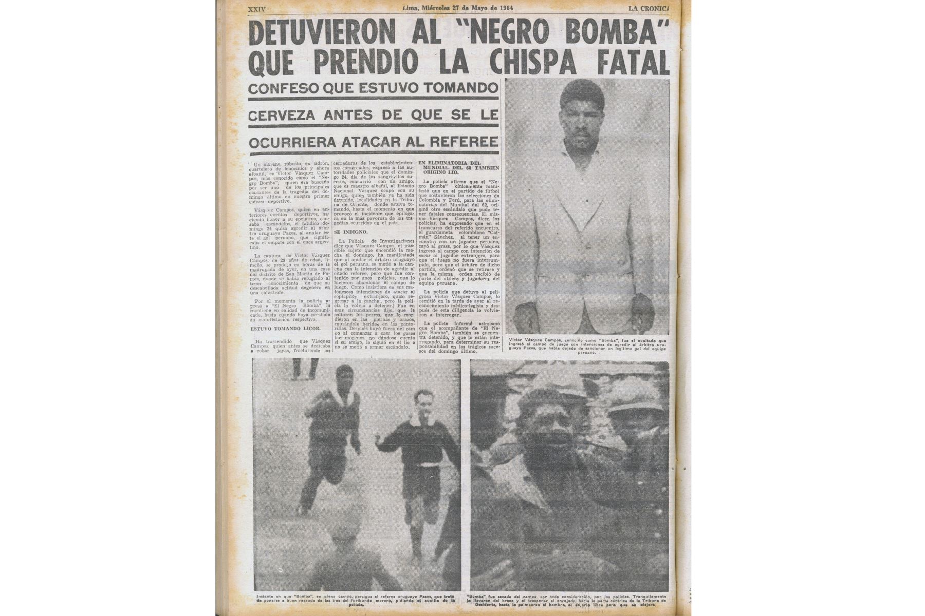 Portada del diario La Crónica del 26 de mayo de 1964 que informa sobre la tragedia del Estadio Nacional.