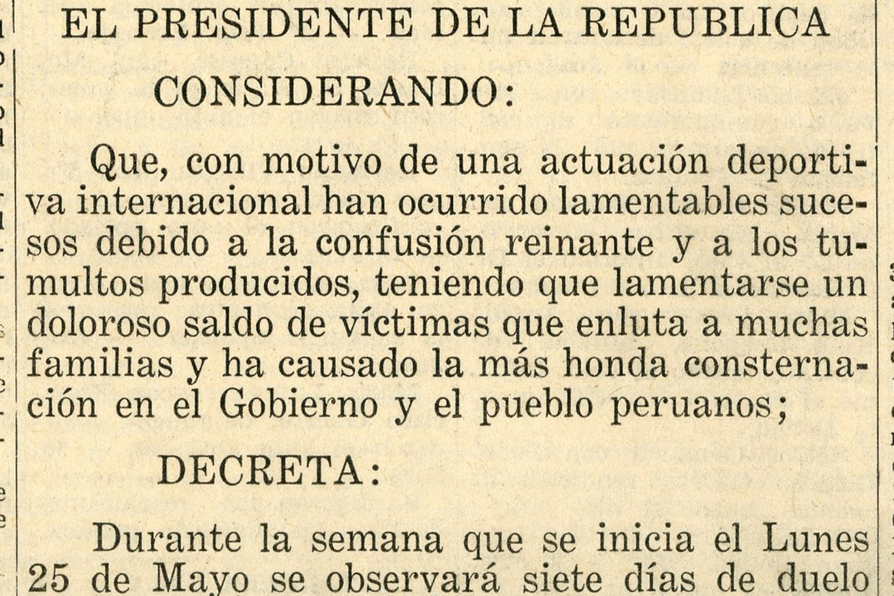 Decreto Supremo publicado en el Diario Oficial EL PERUANO que declara duelo nacional por la tragedia del Estadio Nacional.