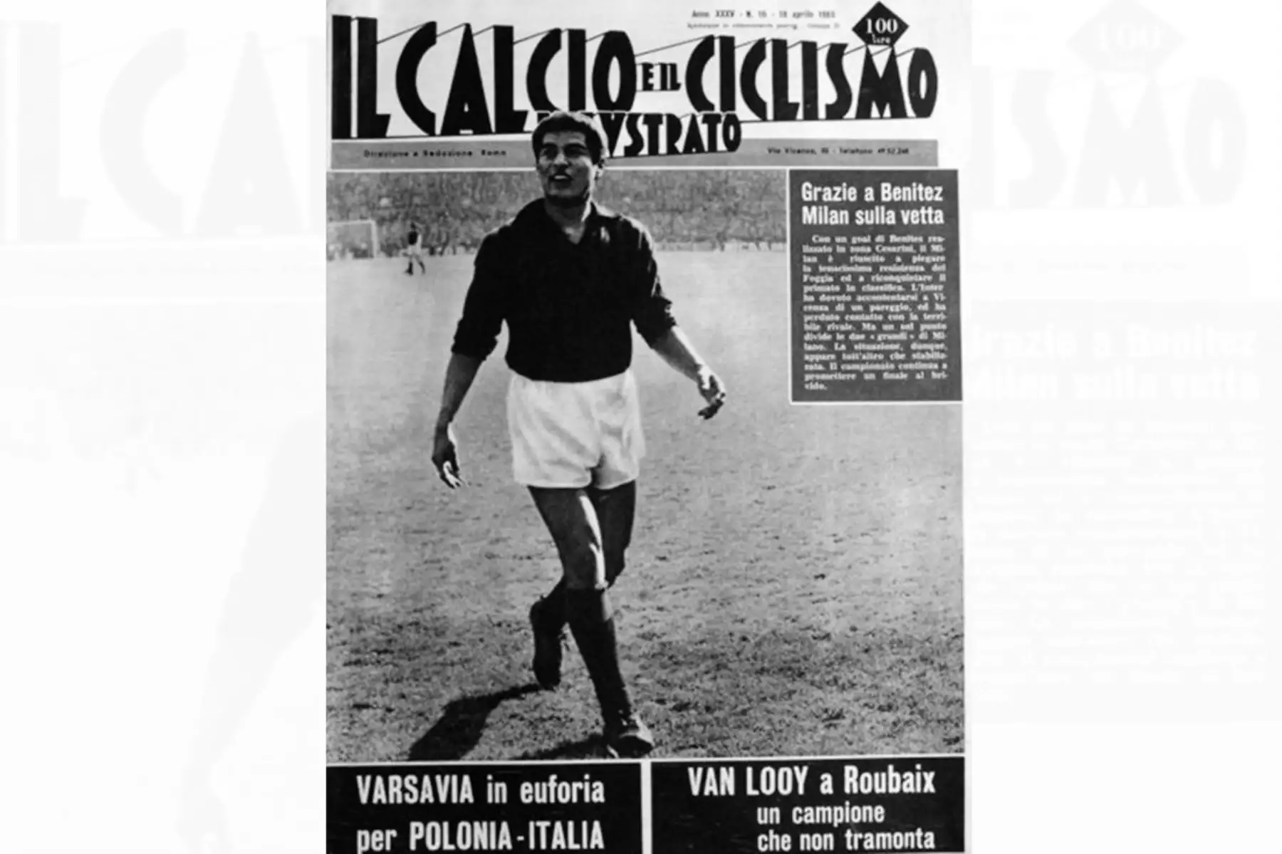 Portada de la publicación Il Calcio e il Ciclismo con la imagen del peruano Víctor Benítez en portada. Se destaca que "gracias a Benítez, Milan en la cumbre". Foto: Archivo Magliarossonera