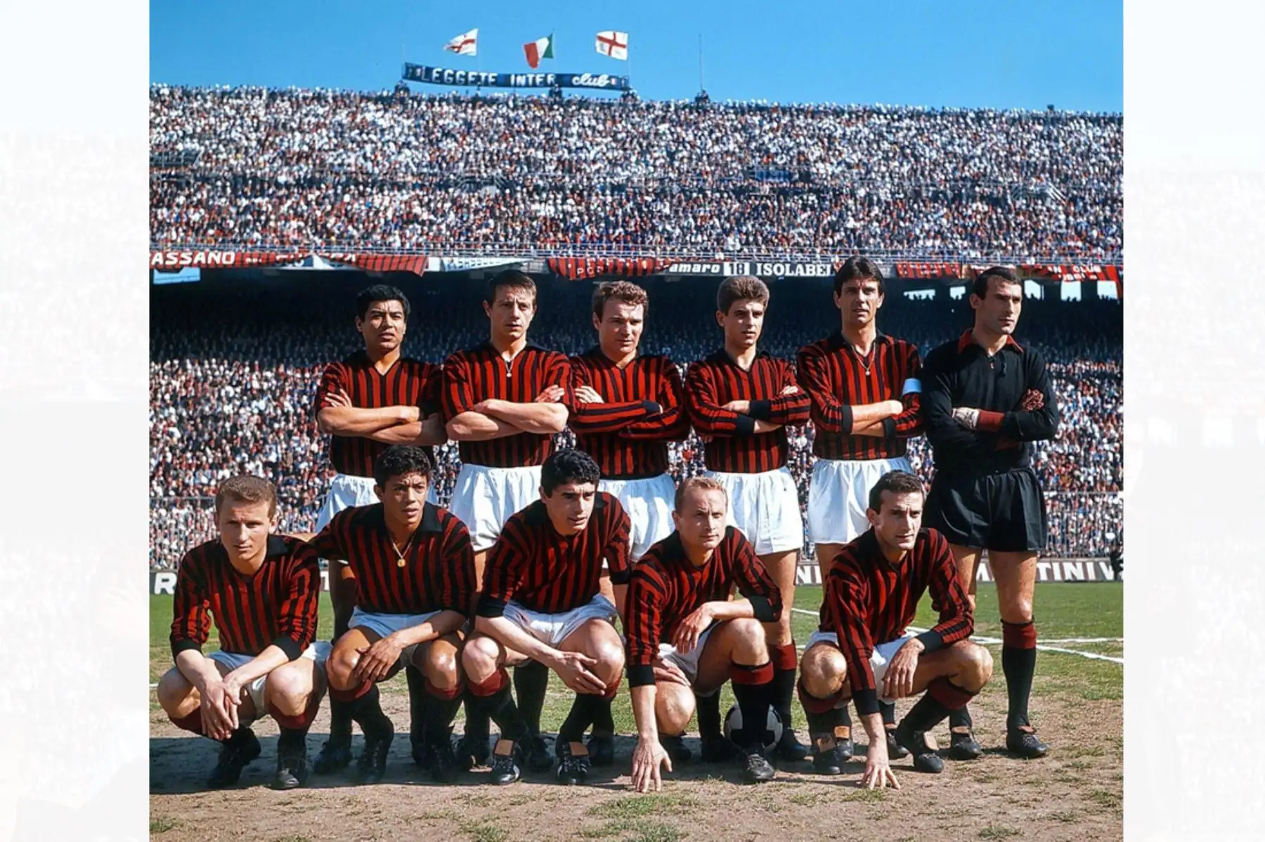 Italia - 1964 / Formación del AC Milan.  Víctor Benítez, Gilberto Noletti, José Altafini, Gianni Rivera, Cesare Maldini, Dario Barluzzi; Giovanni Trapattoni, Amarildo, Bruno Mora, Ambrogio Pelagalli, Giovanni Lodetti.