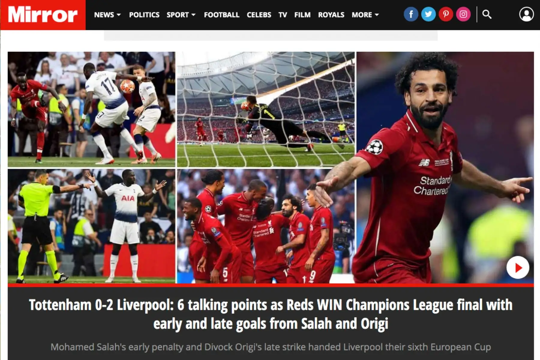 Diario Mirror.Portadas de los diarios del mundo tras coronarse campeón Liverpool de la Champions League
Foto: ANDINA/Difusión