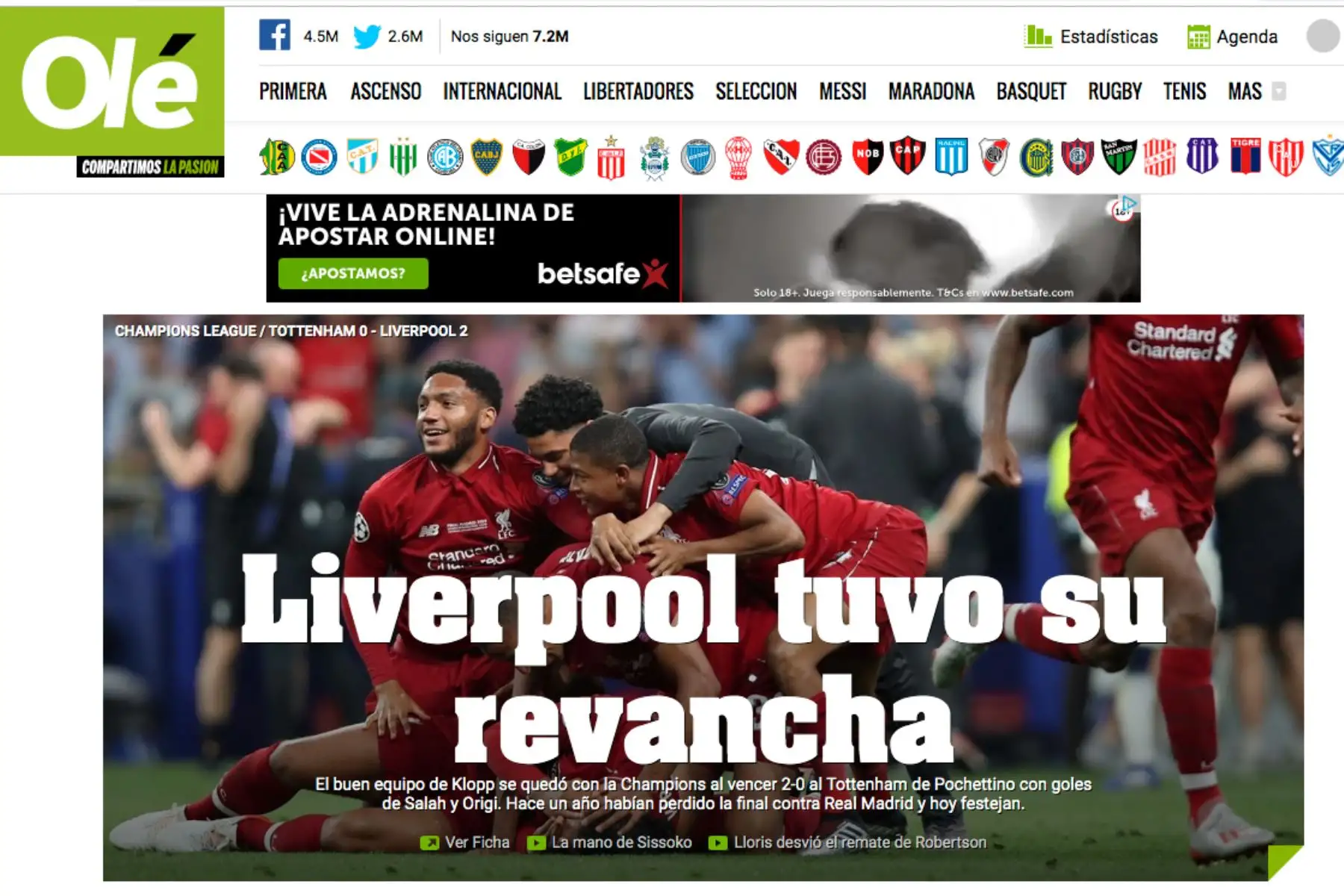 Diario Olé.Portadas de los diarios del mundo tras coronarse campeón Liverpool de la Champions League
Foto: ANDINA/Difusión
