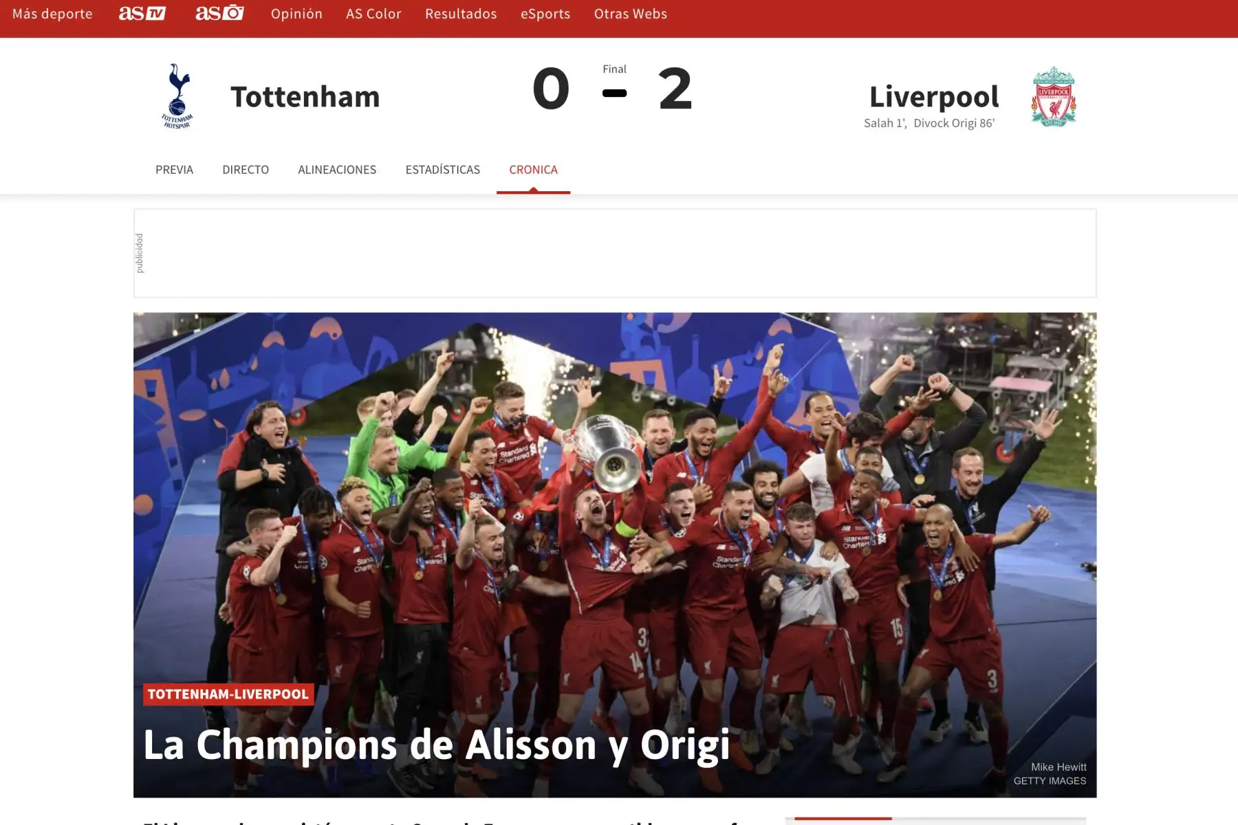 Diario As.Portadas de los diarios del mundo tras coronarse campeón Liverpool de la Champions League Foto: ANDINA/Difusión