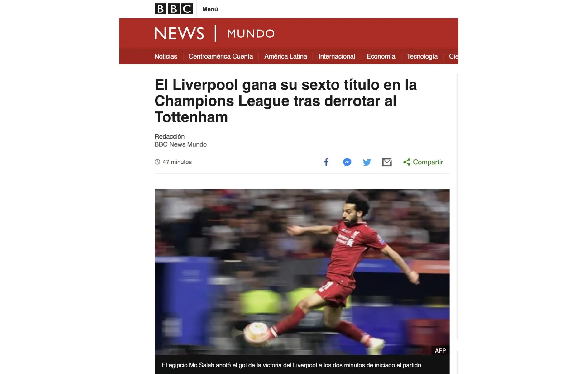 BBC.Portadas de los diarios del mundo tras coronarse campeón Liverpool de la Champions League Foto: ANDINA/Difusión
