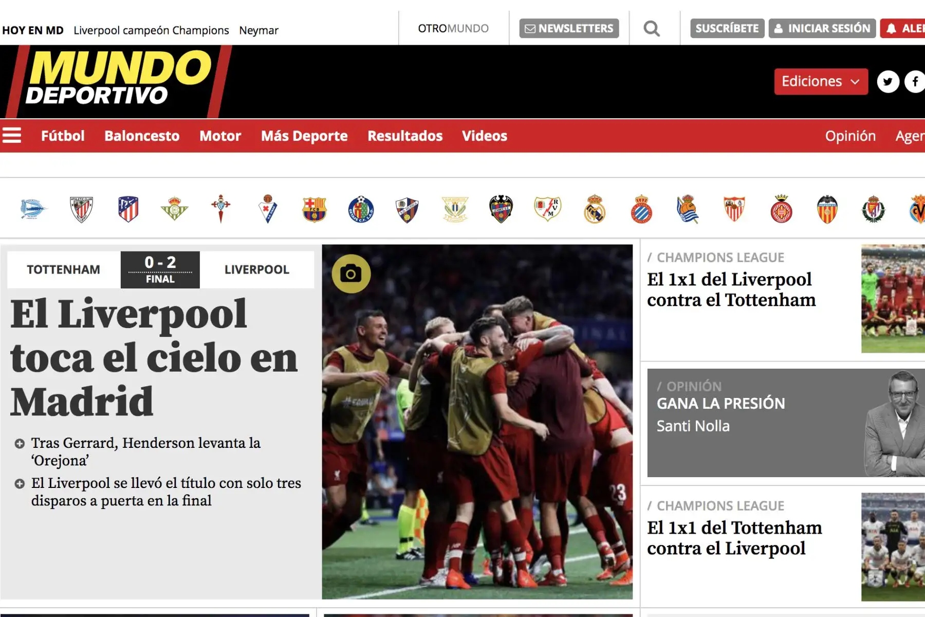 Mundo Deportivo. Portadas de los diarios del mundo tras coronarse campeón Liverpool de la Champions League Foto: ANDINA/Difusión