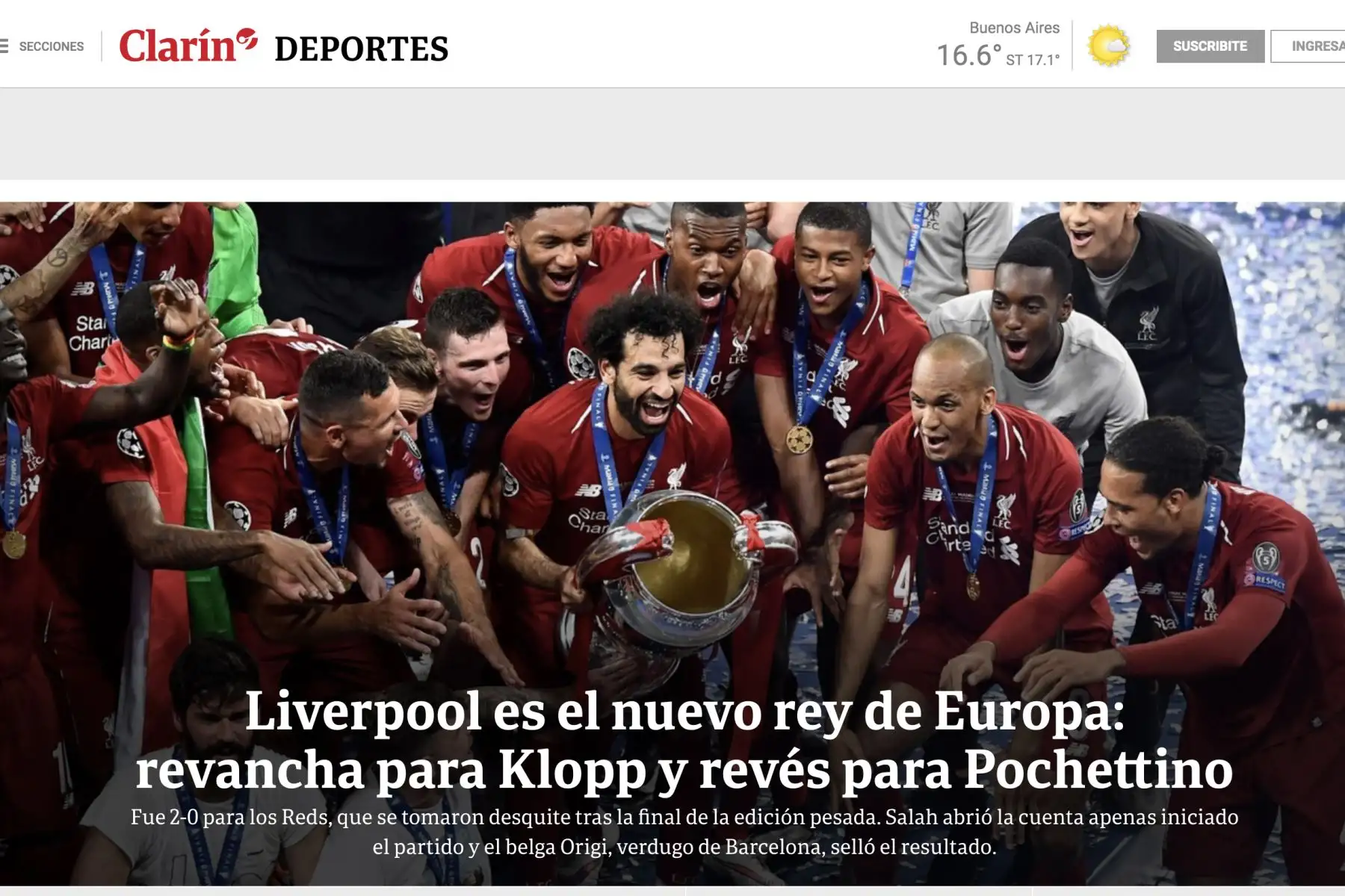 Clarin. Portadas de los diarios del mundo tras coronarse campeón Liverpool de la Champions League. 
Foto: ANDINA/Difusión