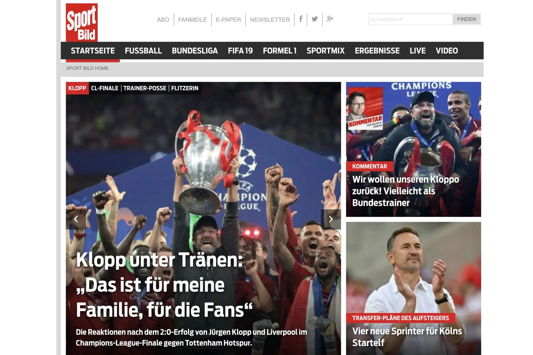 Sport Bild.Portadas de los diarios del mundo tras coronarse campeón Liverpool de la Champions League Foto: ANDINA/Difusión