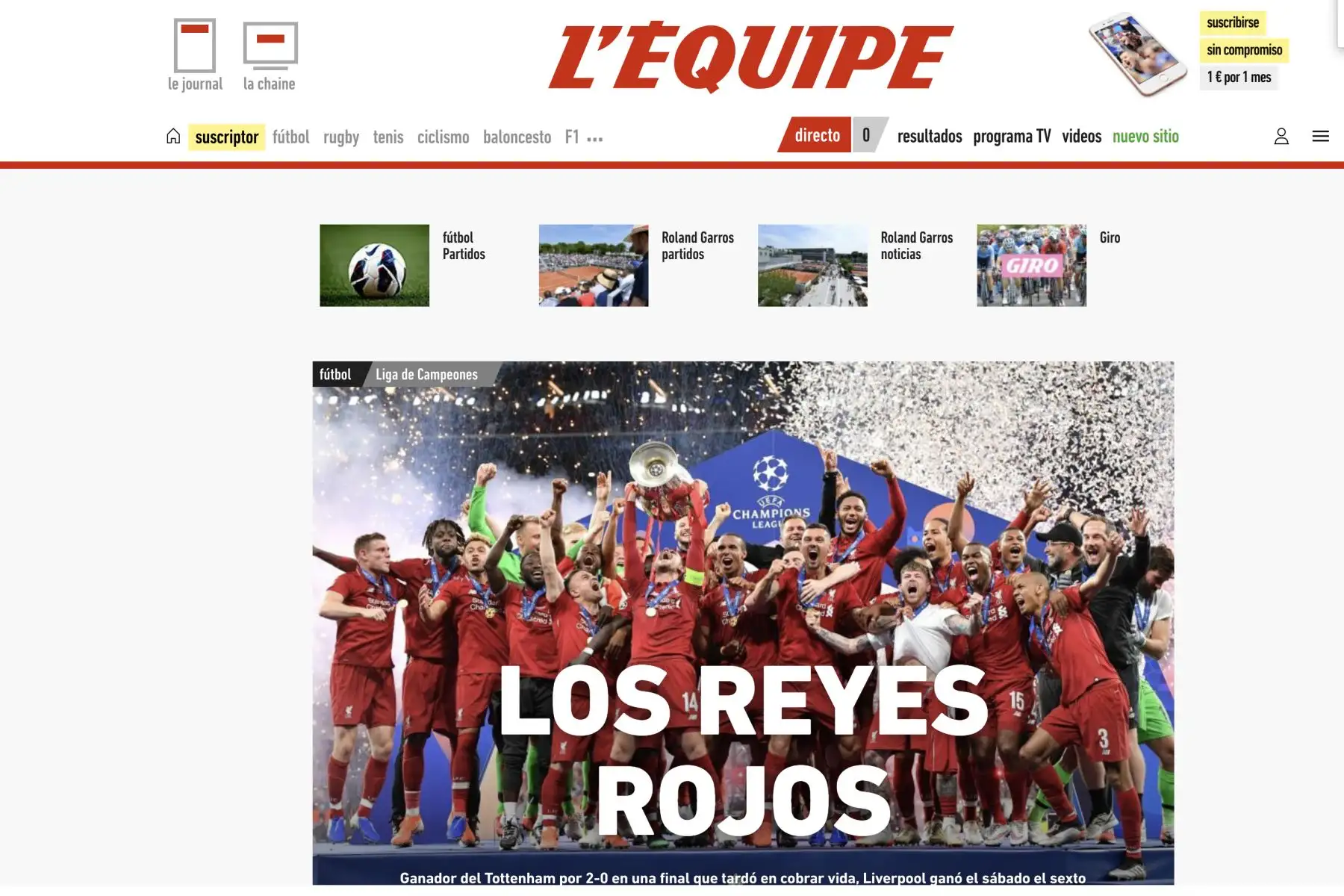 L Equipe.Portadas de los diarios del mundo tras coronarse campeón Liverpool de la Champions League Foto: ANDINA/Difusión