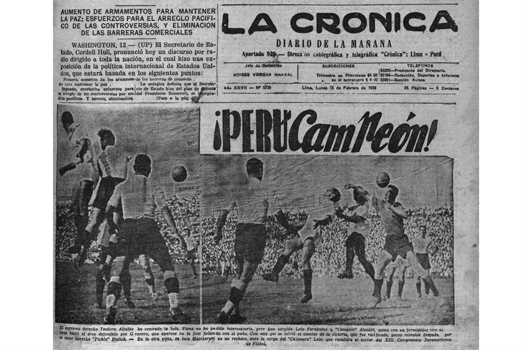 Portada del diario La Crónica del 13 de febrero de 1939 que destaca el título de campeón sudamericano conseguido por la selección peruana de fútbol que venció en la final a Uruguay. Foto: Archivo Histórico de EL PERUANO