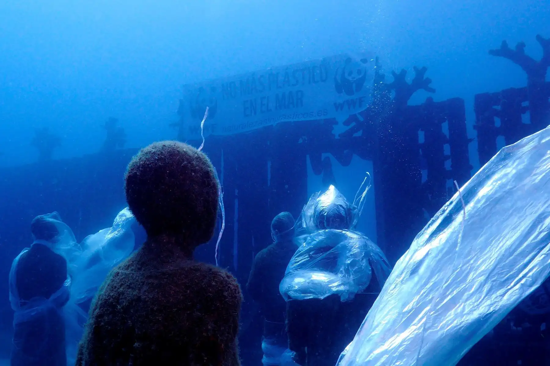 Esculturas humanas del museo sumergido de Lanzarote han aparecido este sábado atrapadas en plásticos, en una acción realizada con motivo del Día de los Océanos.
Foto:AFP/Fotografía facilitada por WWF