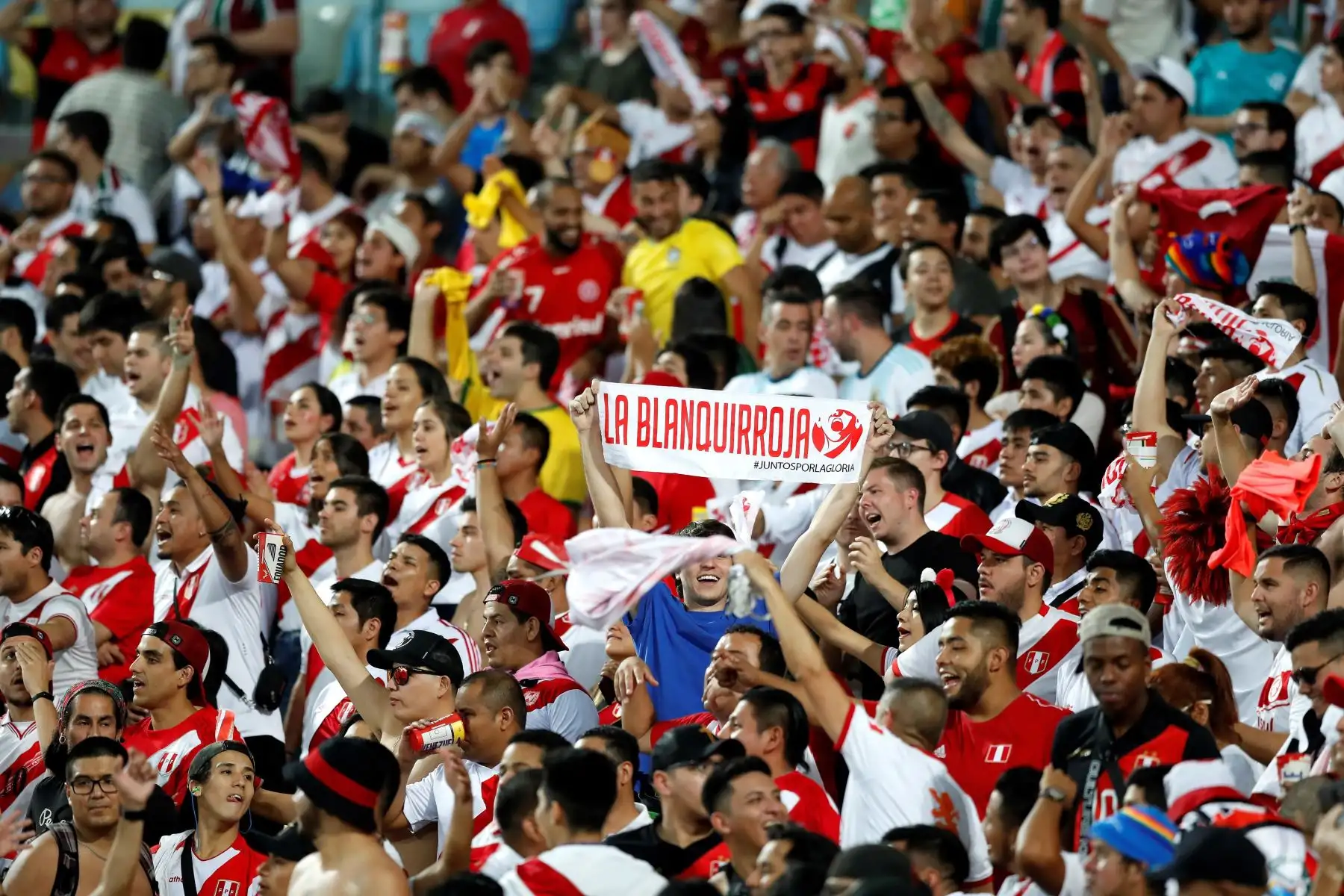 Hinchas peruanos celebran un gol durante el partido Bolivia-Perú del Grupo A de la Copa América de Fútbol 2019, en el Estadio Maracanã de Río de Janeiro.Foto: EFE