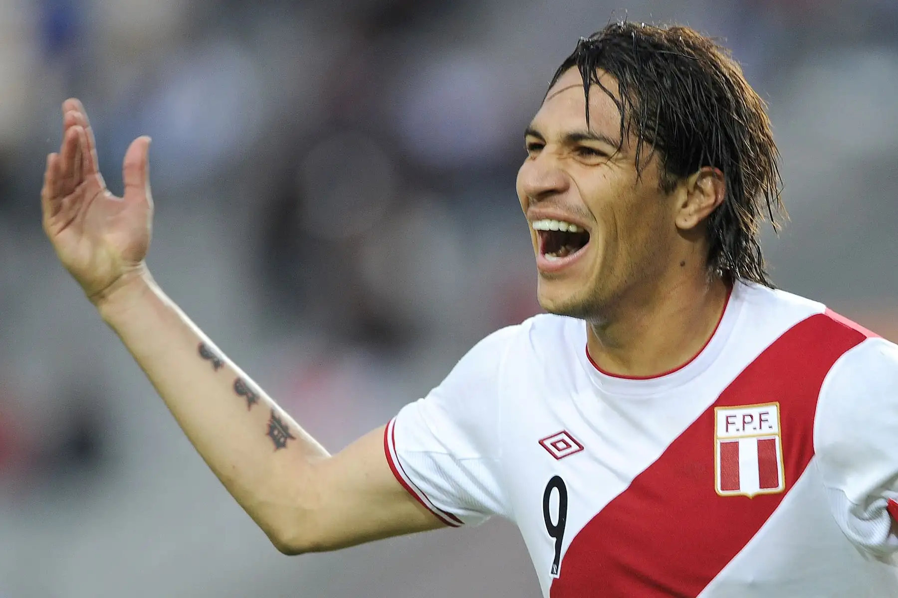 El delantero peruano Paolo Guerrero celebra después de anotar el tercer gol de su equipo contra Venezuela durante el partido por el tercer lugar del torneo de fútbol de la Copa América 2011 celebrado en el estadio Ciudad de La Plata en La Plata, a 59 km al sur de Buenos Aires, el 23 de julio de 2011. 
Foto: AFP