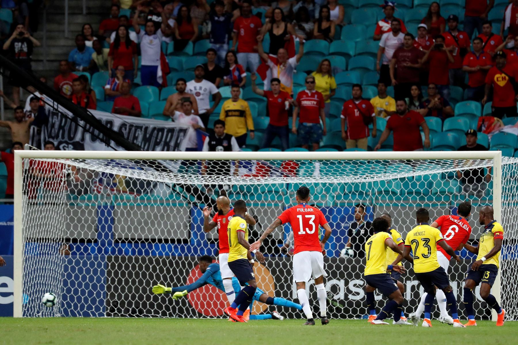 El jugador de Chile José Fuenzalida (d) celebra un gol durante el partido Ecuador-Chile del Grupo C de la Copa América de Fútbol 2019, en el Estadio Arena Fonte Nova de Salvador, Brasil.Foto:EFE