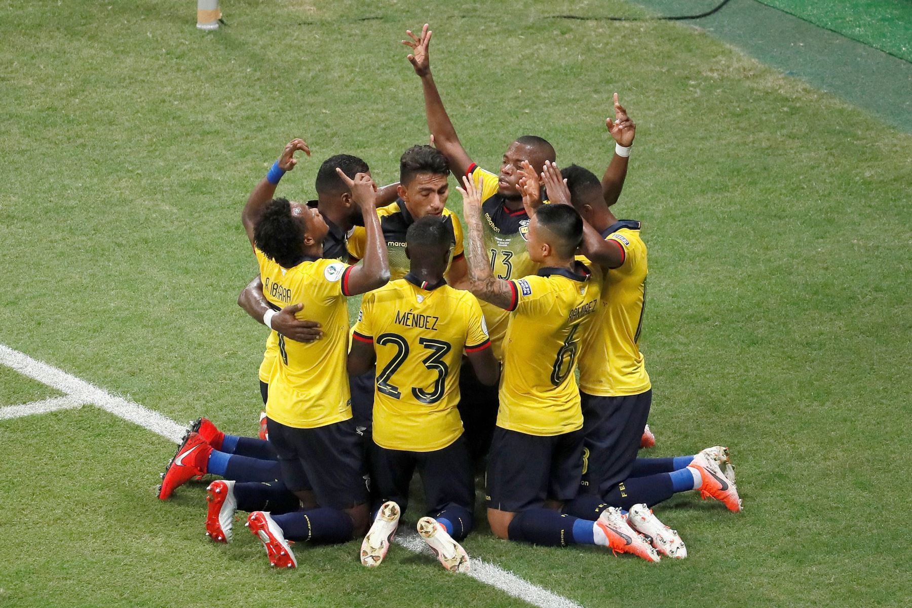 Jugadores de Ecuador celebran un gol, durante el partido Ecuador-Chile del Grupo C de la Copa América de Fútbol 2019, en el Estadio Arena Fonte Nova de Salvador, Brasil. EFE