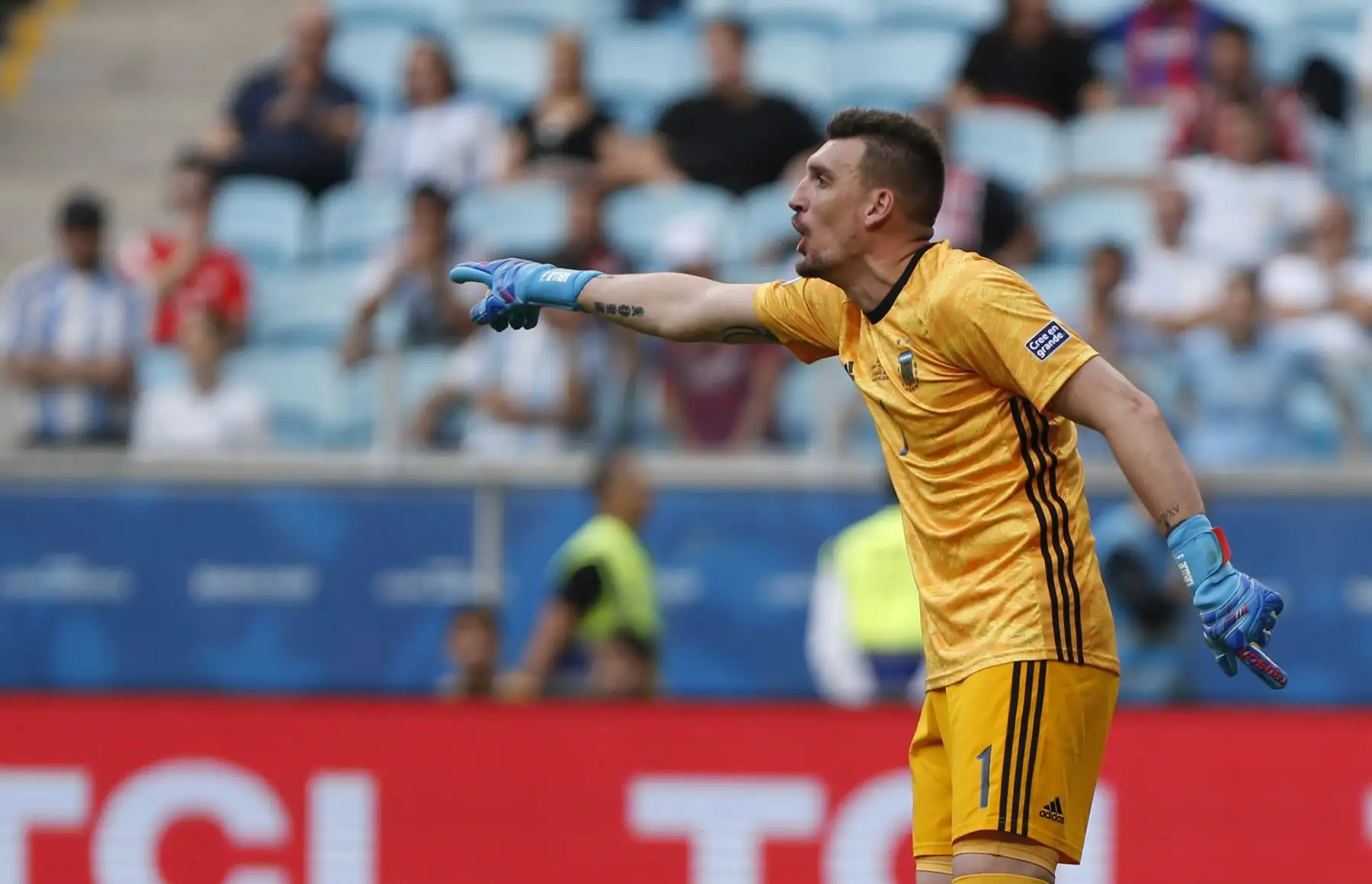 El portero de Argentina, Franco Armani, gesticula durante el partido de la Copa América en el torneo de fútbol contra Qatar en el Gremio Arena en Porto Alegre, Brasil.
Foto: AFP
