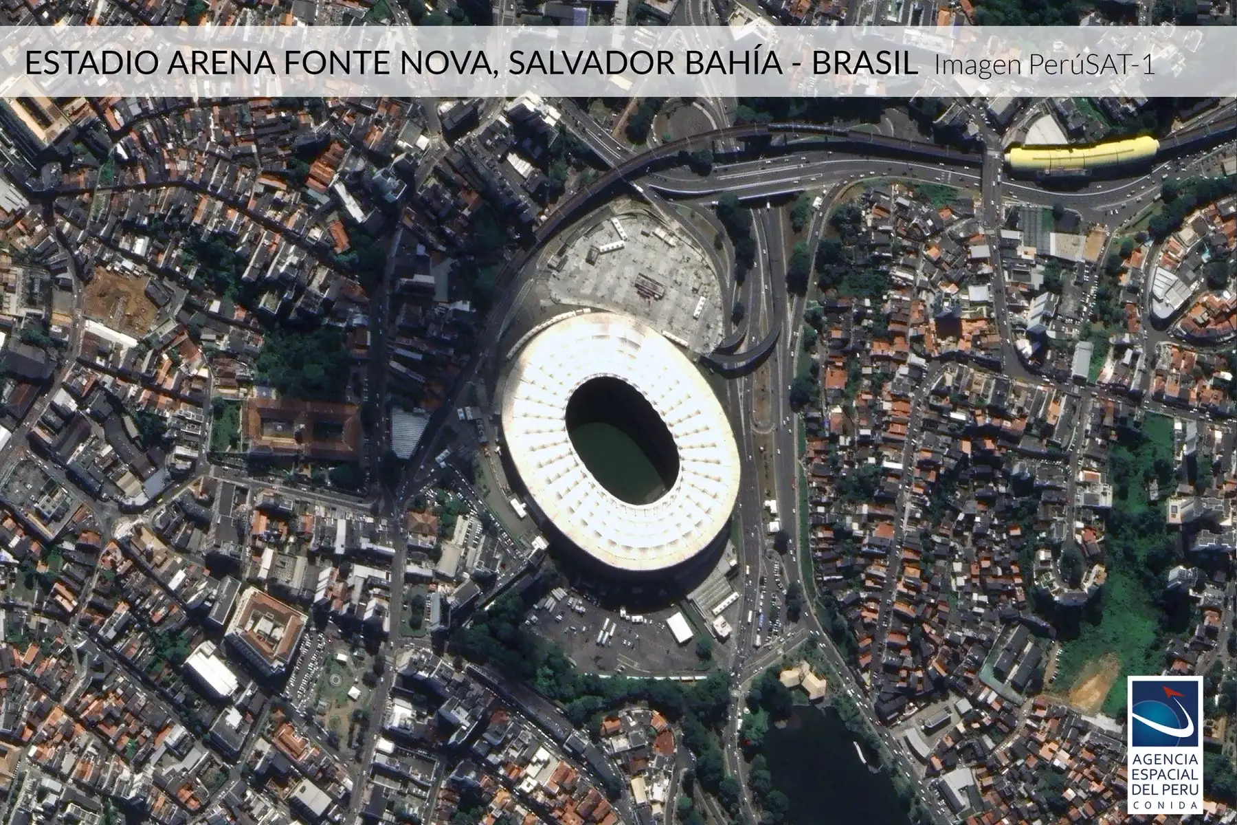 Imagen satelital del Estadio Arena Fonte Nova, Salvador Bahia-Brasil, sede de la Copa América 2019.Foto: Andina/Agencia Espacial del Perú.
