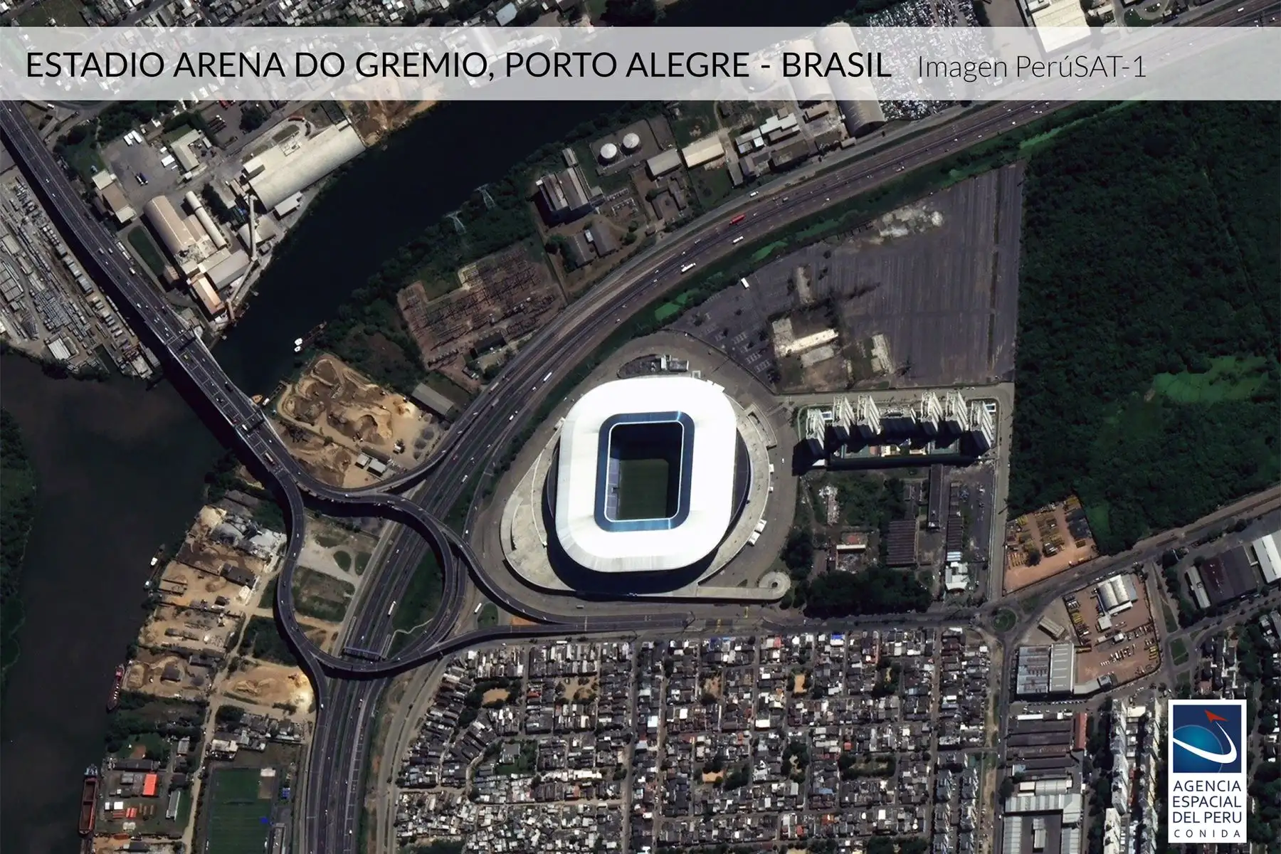 Imagen satelital del Estadio Arena Arena do Gremio-Brasil, sede de la Copa América 2019.Foto: Andina/Agencia Espacial del Perú.