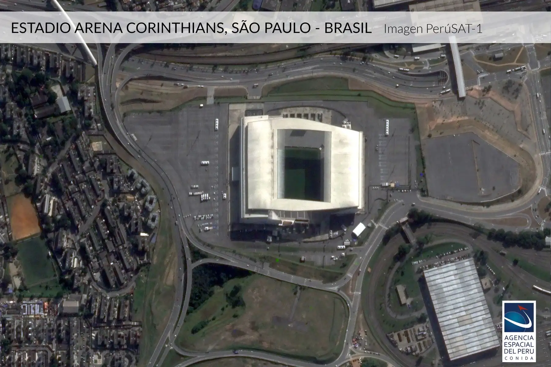 Imagen satelital del Estadio Corinthias-Brasil, sede de la Copa América 2019.Foto: Andina/Agencia Espacial del Perú.
