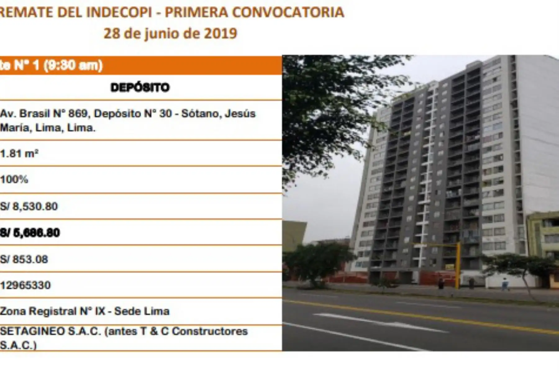 Indecopi rematará inmuebles este viernes. Foto: Indecopi