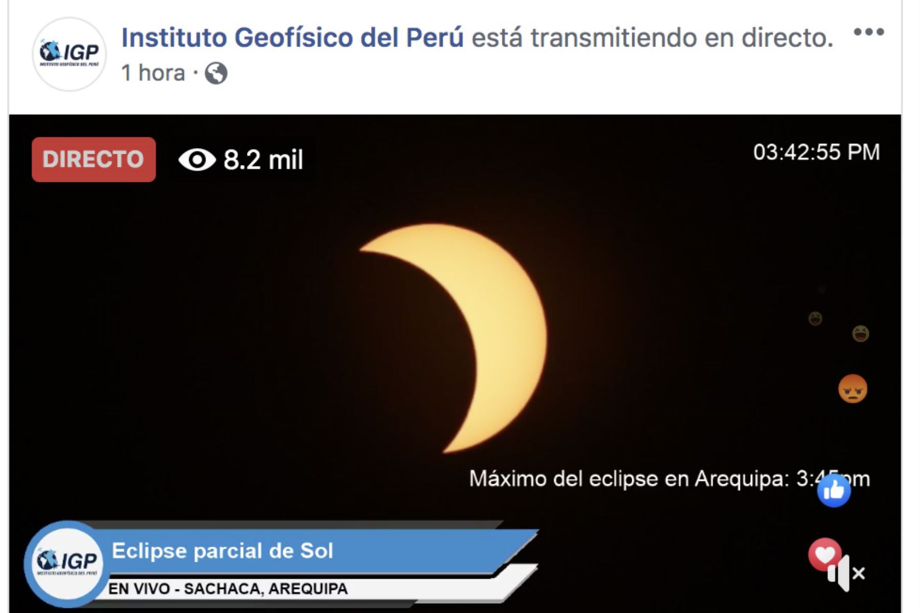 IGP transmite en vivo, desde el estadio municipal de Sachaca (Arequipa), el eclipse parcial solar. Foto: Difusión