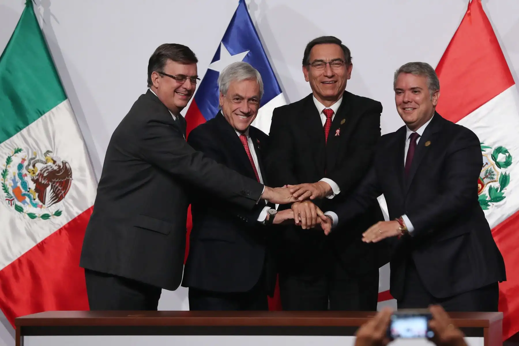 Canciller Marcelo Ebrand, Presidentes,  Sebastián Piñera, Martín Vizcarra e Iván Duque firman declaración de Lima en el marco de la XIV Cumbre de la Alianza del Pacifico. Foto: ANDINA/Melina Mejía