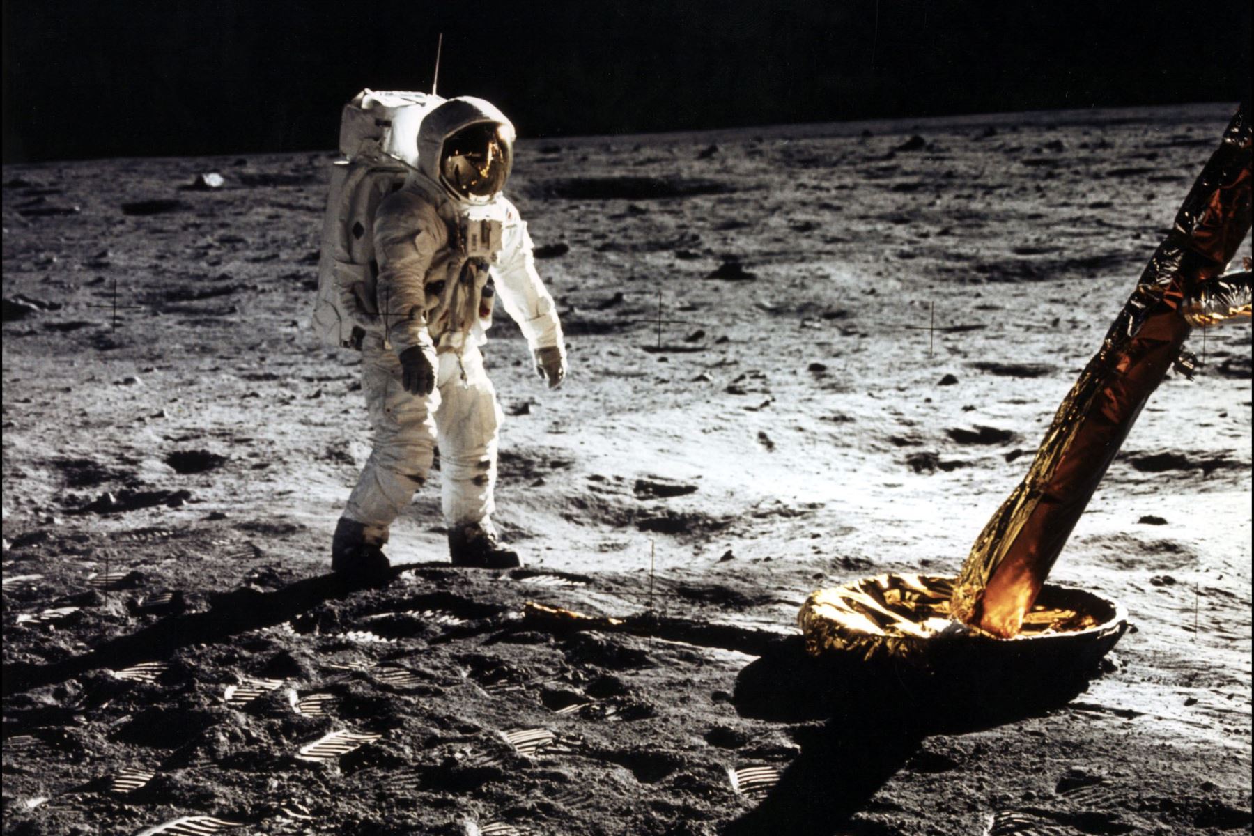 Foto tomada el 20 de julio de 1969 del astronauta Edwin "Buzz" E. Aldrin Jr., piloto del módulo lunar caminando sobre la superficie de la luna. Foto:AFP