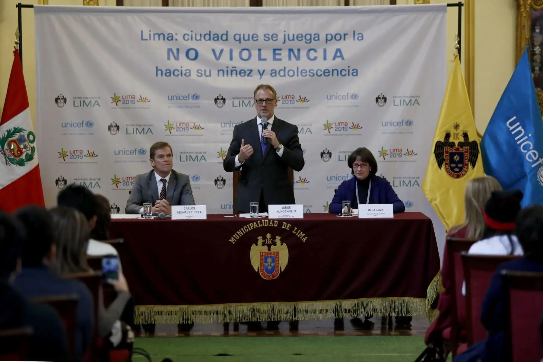 Presentaron la campaña, Lima ciudad que se juega por la no violencia hacia su niñez, como parte del legado social de los Juegos Panamericanos y Parapanamericanos Lima 2019. Con la presencia del alcalde de Lima Jorge Muñoz, Presidente COPAL Carlos Neuhaus, de UNICEF Olga Isaza Foto: ANDINA/Josue Ramos