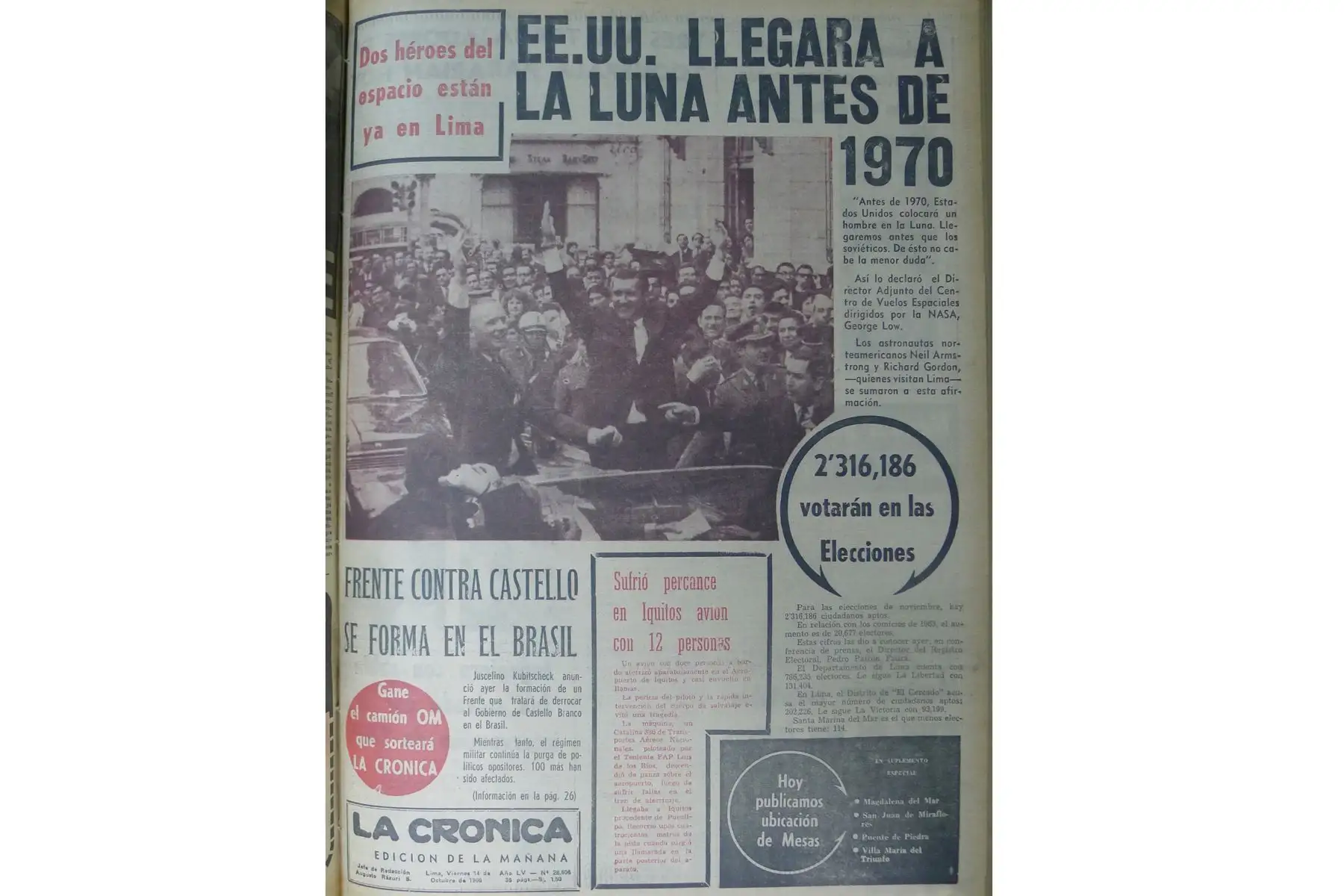 Lima 14 octubre 1966 / Portada del Diario La Crónica que informó sobre la llegada de los astronautas Richard Gordon y Neil Armstrong, quienes visitan Lima en compañía de sus esposas. Foto: Archivo Histórico de EL PERUANO