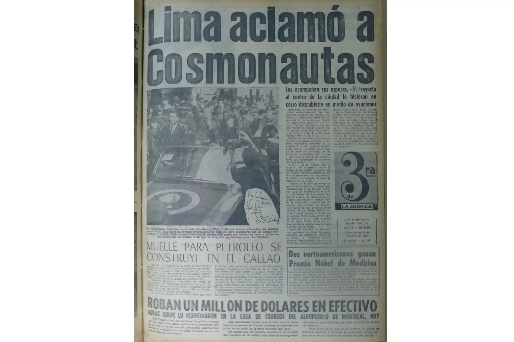 Lima 14 octubre 1966 / Portada del Diario La Crónica que informó sobre la llegada de los astronautas Richard Gordon y Neil Armstrong, quienes visitan Lima en compañía de sus esposas. Foto: Archivo Histórico de EL PERUANO