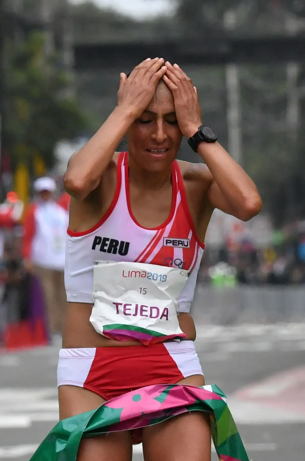 Gladys Tejeda, de Perú, gana la Maratón de mujeres en los Juegos Panamericanos Lima 2019 en Lima, Perú, el 27 de julio de 2019. Los Juegos Panamericanos duran hasta el 11 de agosto. AFP