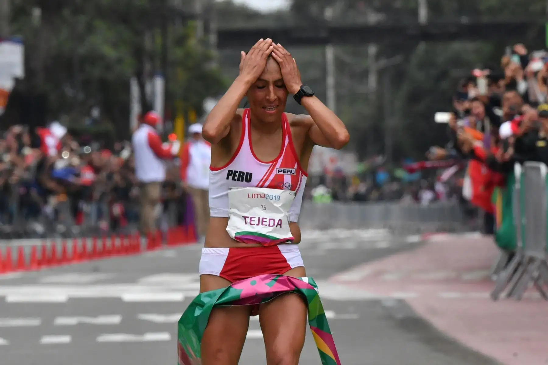 Gladys Tejeda, de Perú, gana la Maratón de mujeres en los Juegos Panamericanos Lima 2019 en Lima, Perú, el 27 de julio de 2019. Los Juegos Panamericanos duran hasta el 11 de agosto. AFP