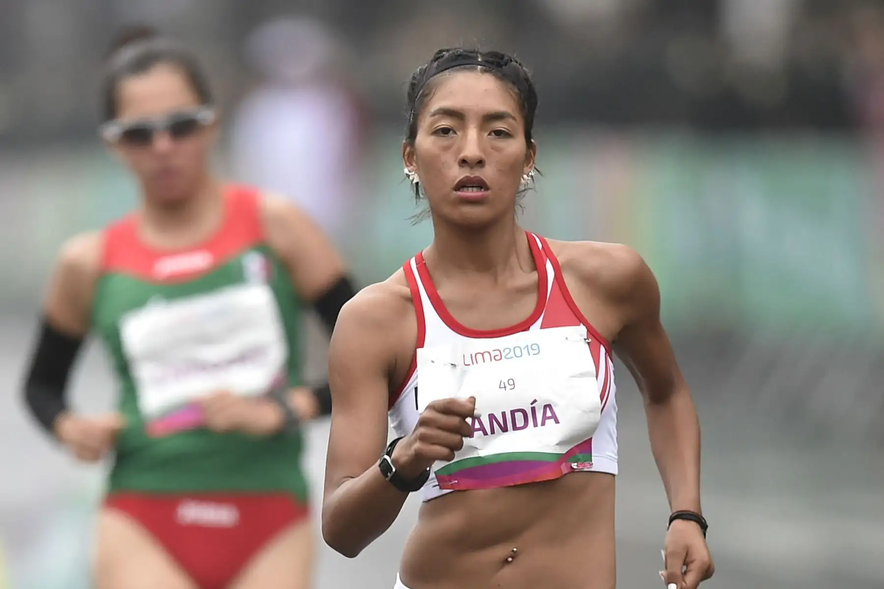 La peruana Mary Luz Andia compite en la carrera final femenina de 20 km a pie durante los Juegos Panamericanos de Lima 2019.
Foto:AFP
