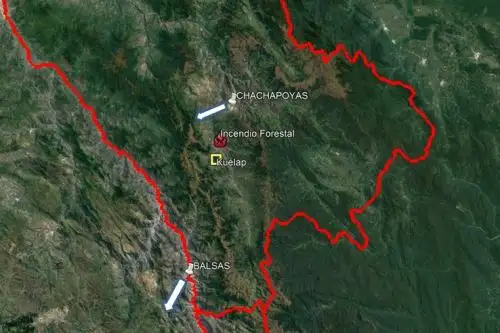 Hoy se presentaron vientos con velocidad aproximada de 5 metros por segundo y con dirección del noreste en la zona del incendio forestal en el distrito de Tingo, cerca de la fortaleza de Kuélap.