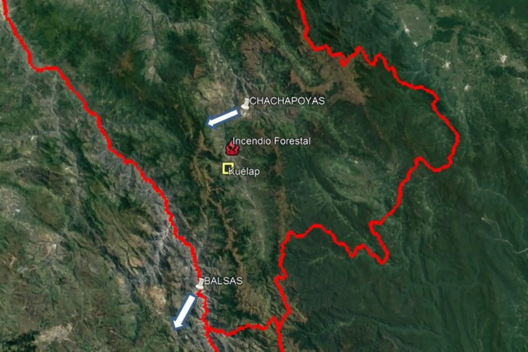 Hoy se presentaron vientos con velocidad aproximada de 5 metros por segundo y con dirección del noreste en la zona del incendio forestal en el distrito de Tingo, cerca de la fortaleza de Kuélap.