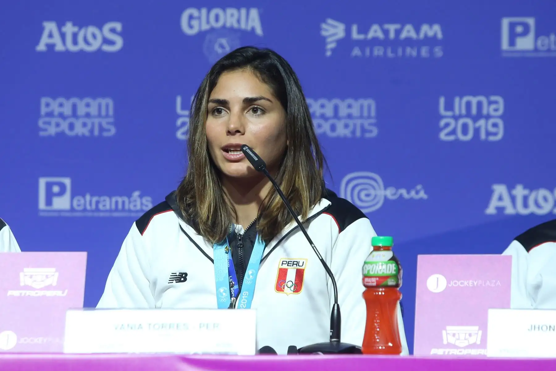 Conferencia de prensa de Vania Torres 
(Perú) en Surf estrella en los Juegos Panamericanos Lima 2019.
Foto: ANDINA/Eddy Ramos