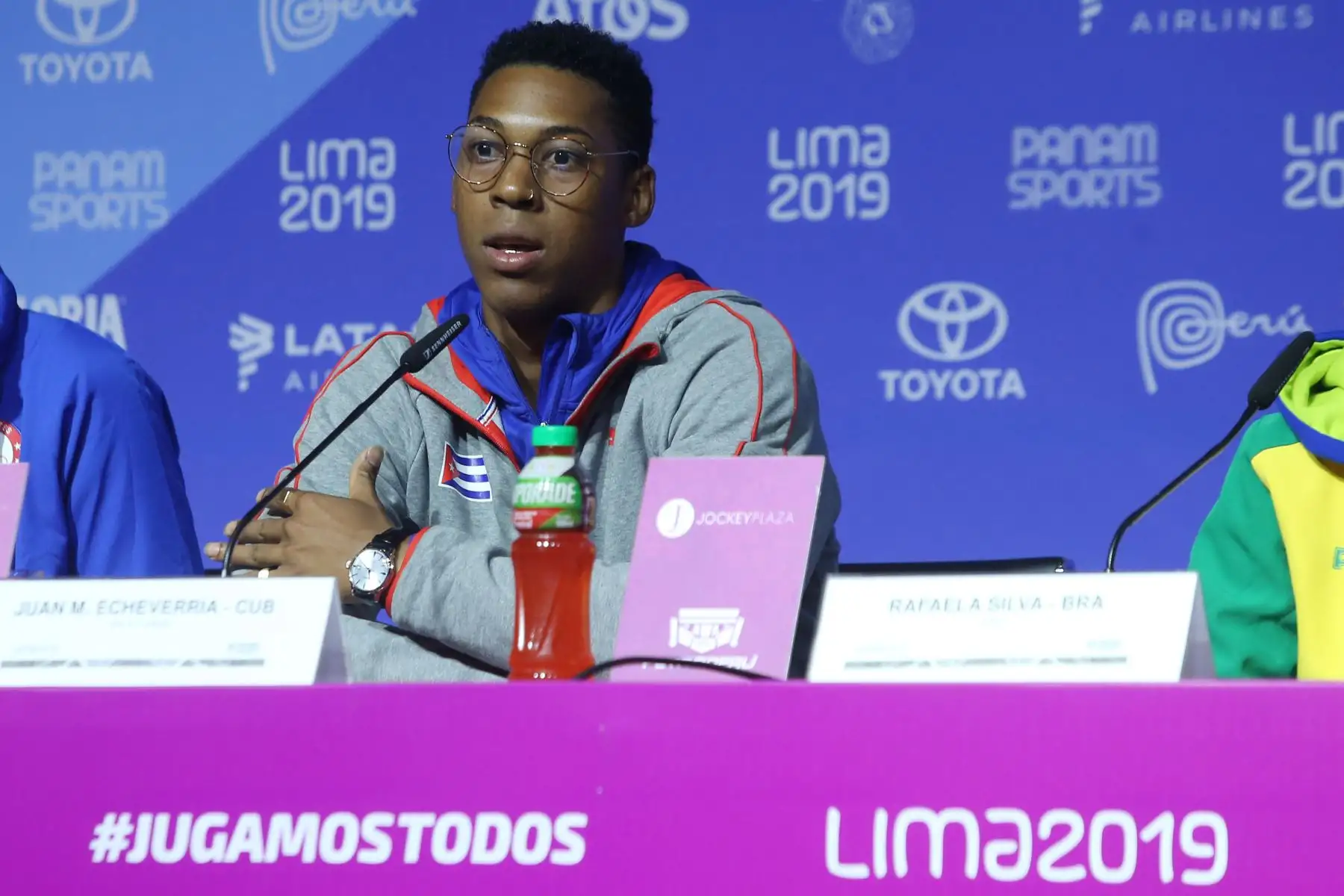 Conferencia de prensa de  Juan Echevarria ( Cuba) en Salto Largo, estrella en los Juegos Panamericanos Lima 2019.
Foto: ANDINA/Eddy Ramos