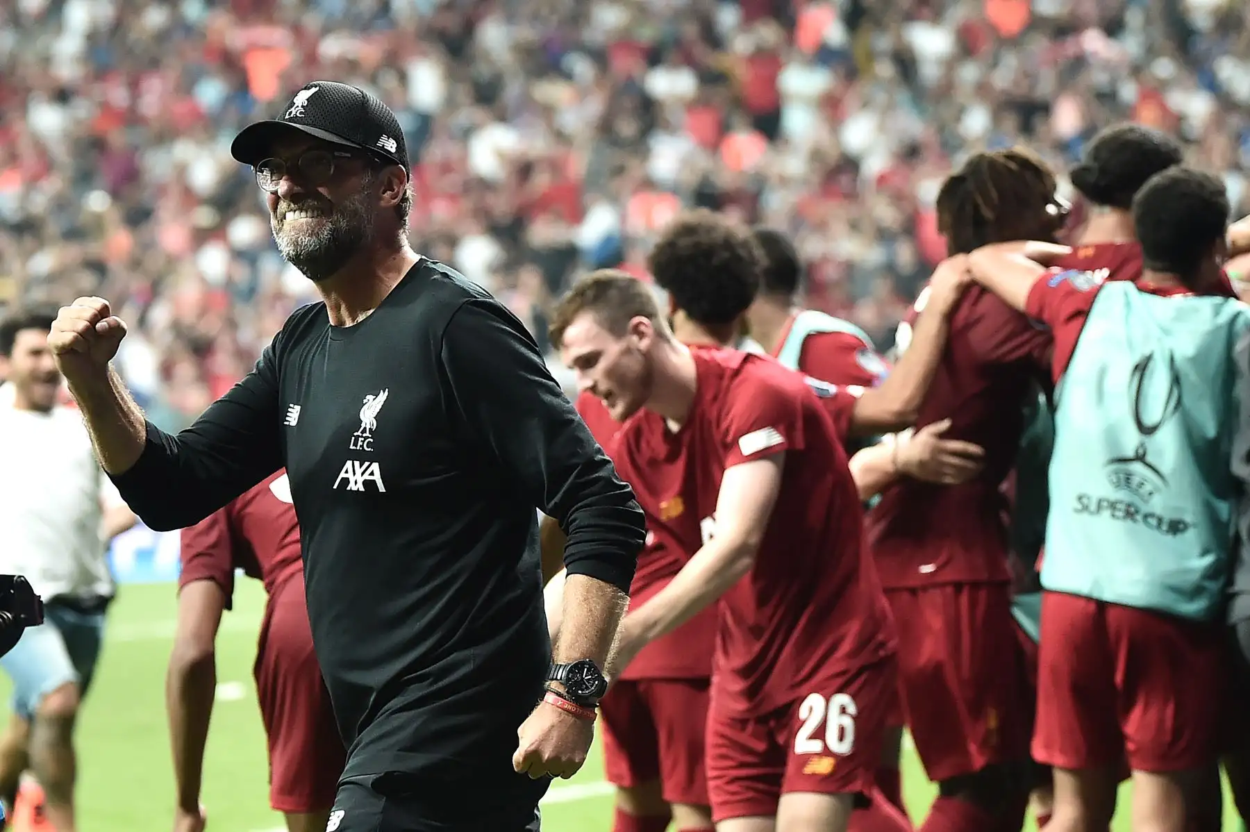 El entrenador alemán del Liverpool, Jurgen Klopp, celebra ganar el partido de fútbol de la Supercopa de la UEFA 2019 entre el FC Liverpool y el Chelsea en el Besiktas Park Stadium de Estambul.Foto:AFP