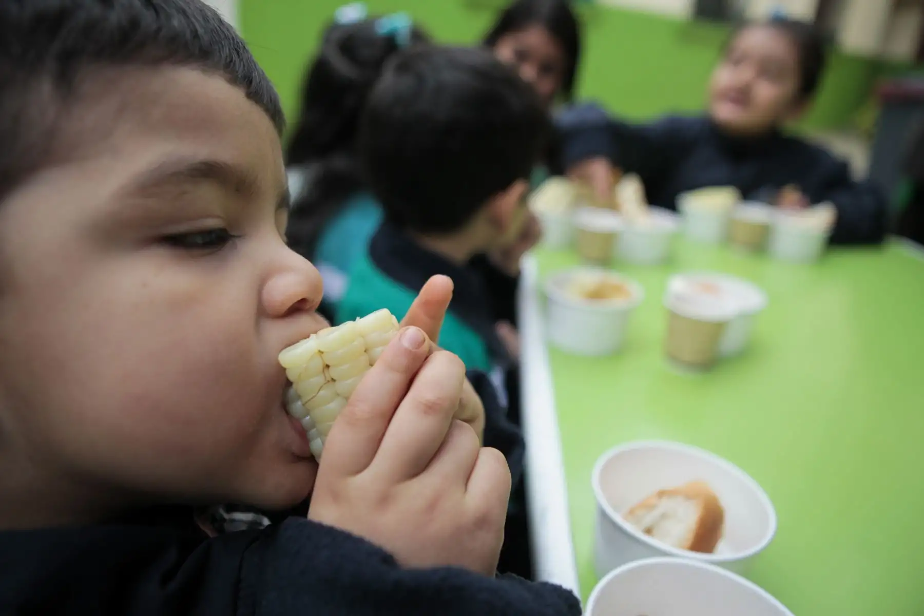 Ministerio de Salud presenta alternativas de desayunos de invierno preparados con cereales andinos y productos de la selva. Niños degustan desayuno de choclo, queso, pan, jugo de fruta y maca.
Foto: ANDINA/Miguel Mejía