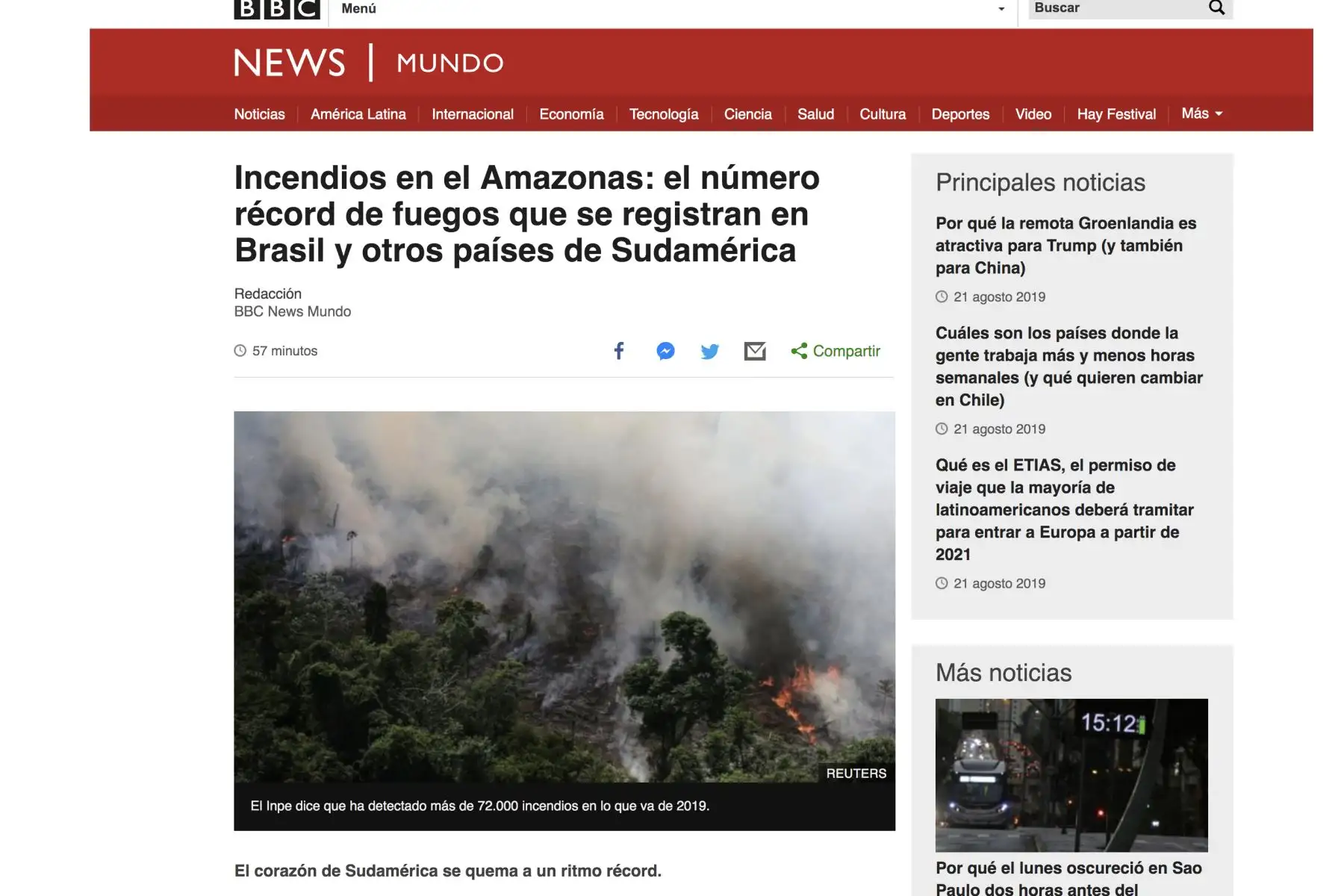 Importantes medios de comunicación informan sobre el incendio en la Amazonia.Foto:Internet medios