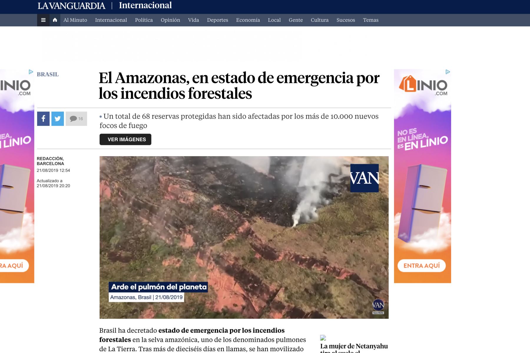 Importantes medios de comunicación informan sobre el incendio en la Amazonia.Foto:Internet medios