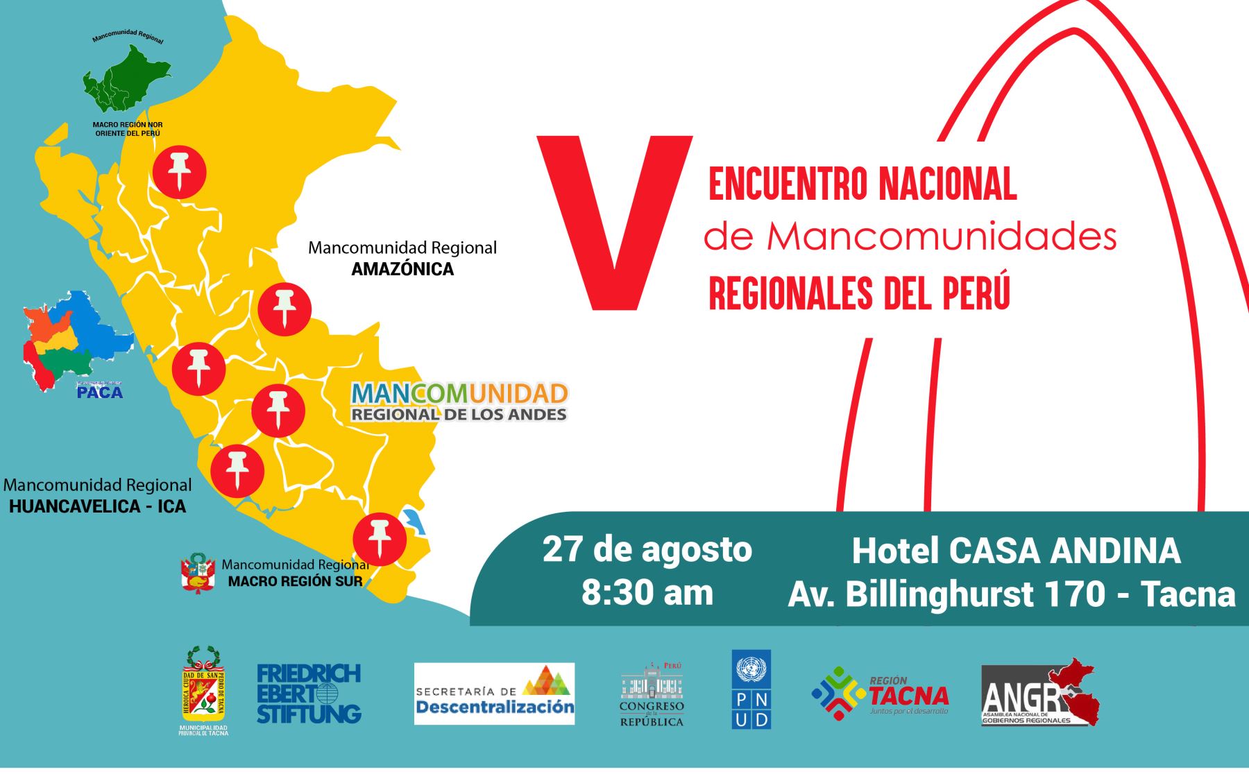 Gobernadores regionales participarán en el V Encuentro Nacional de Mancomunidades Regionales del Perú, que se desarrollará en la ciudad de Tacna.