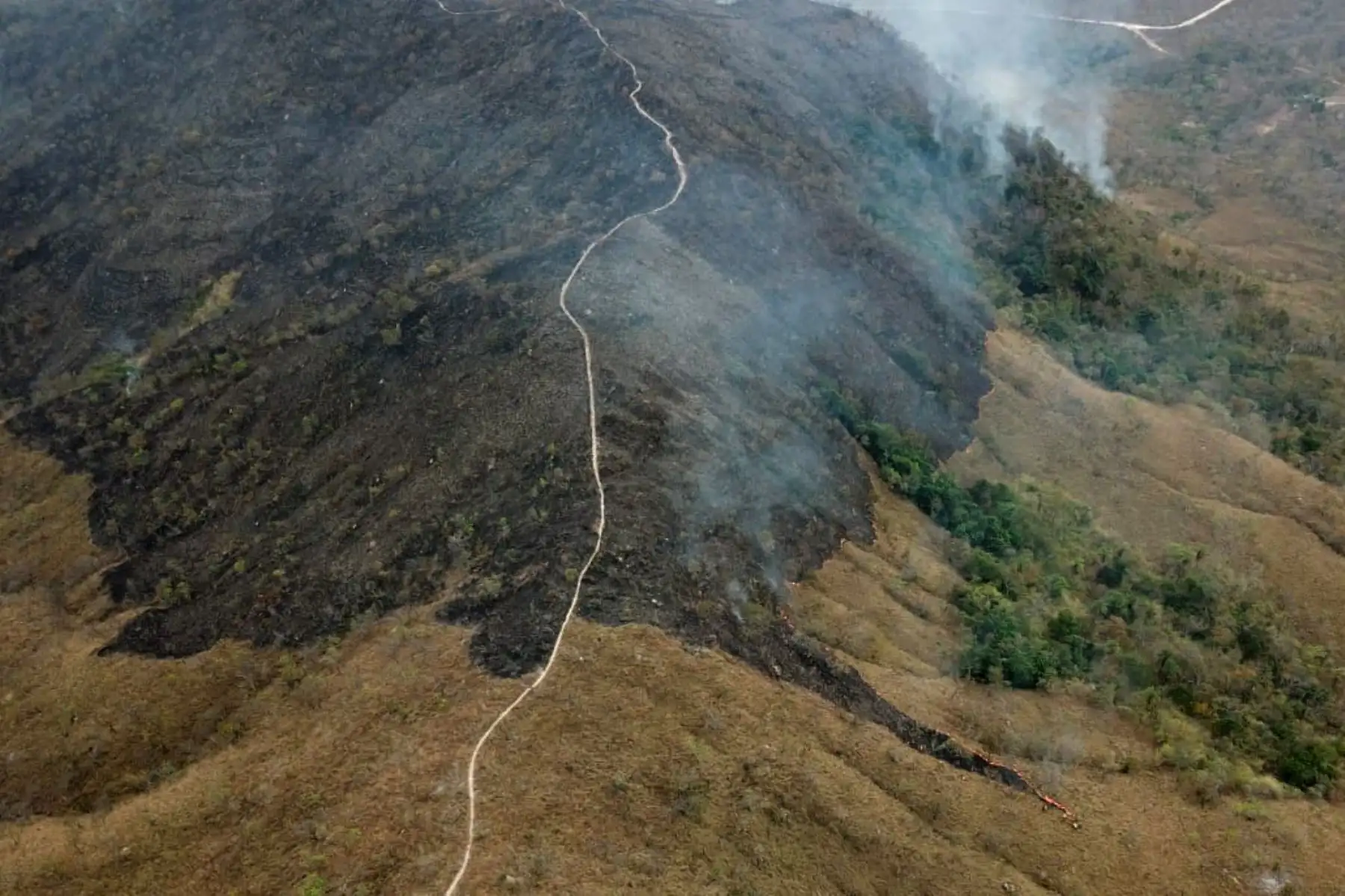 Fotografía aérea publicado por el Departamento de Bomberos de Mato Grosso que muestra áreas quemadas de tierra en las colinas del municipio de Chadapa dos Guimaraes en el estado de Mato Grosso, en el centro-oeste de Brasil, el 23 de agosto de 2019. AFP