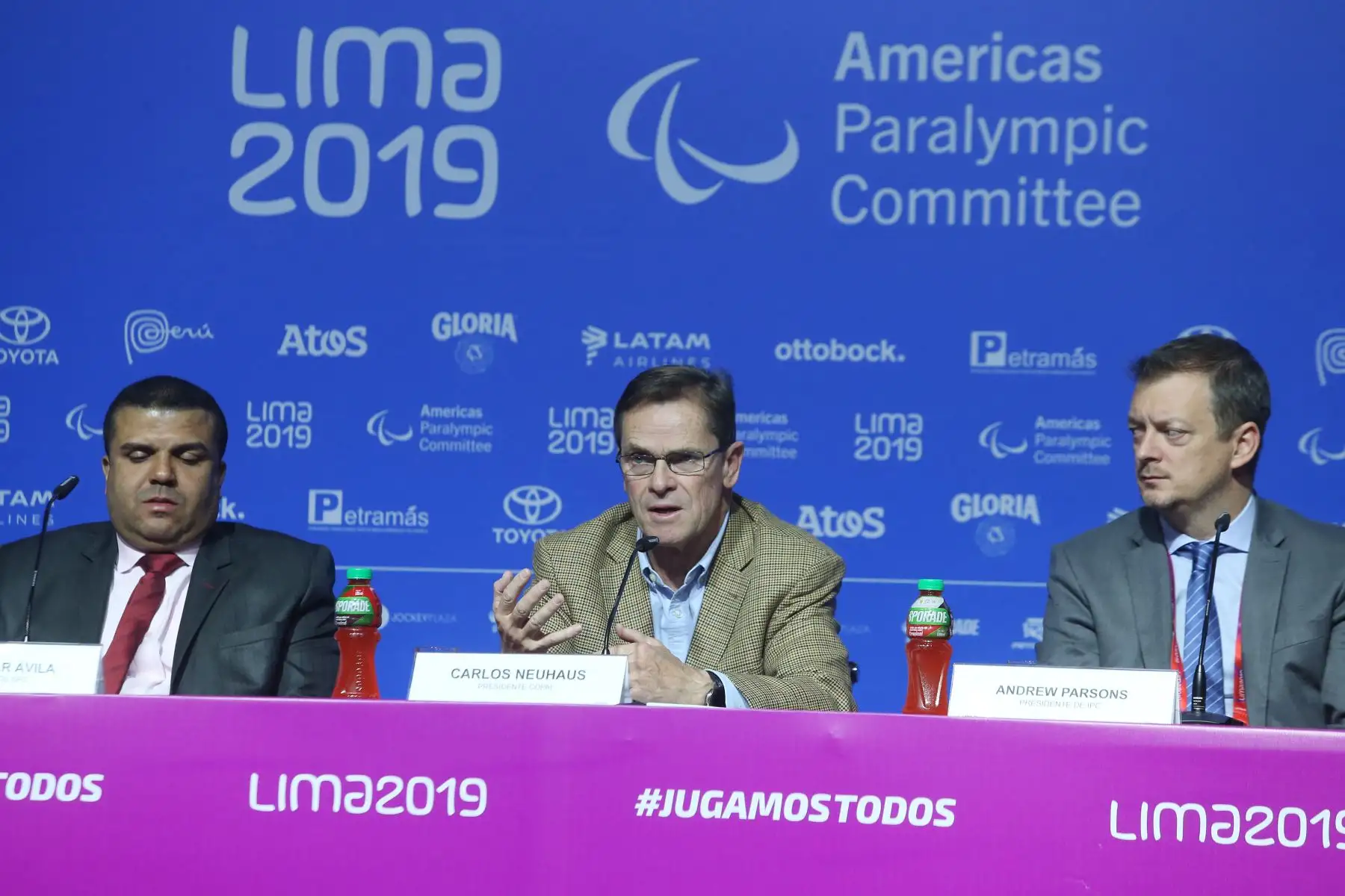 Conferencia de prensa sobre el cierre de la competencia de los Juegos Parapanamericanos Lima 2019. Acompañan en la conferencia: Pdte del comité organizador de Lima 2019, Carlos Neuhaus ; el Pdte del Comité Paralímpico, Andrew Parsons y  el Pdte del Comité Paralímpico de las América, Julio César Ávila. 
Foto: ANDINA / Eddy Ramos