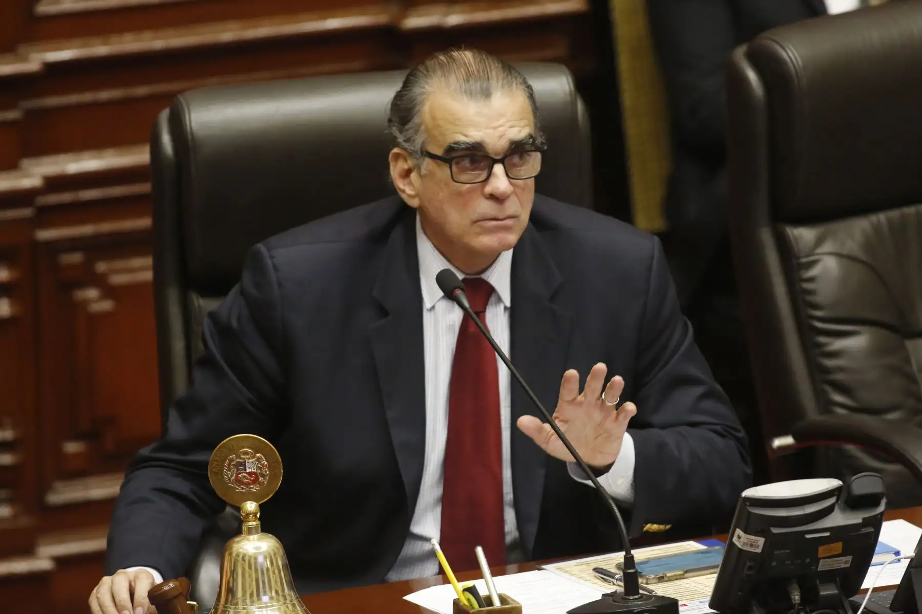 El presidente del congreso Pedro Olaechea interviene durante el  pliego interpelatorio al  ministro de Justicia, Vicente Zeballos  en el pleno del Congreso.
Foto: ANDINA/Renato Pajuelo