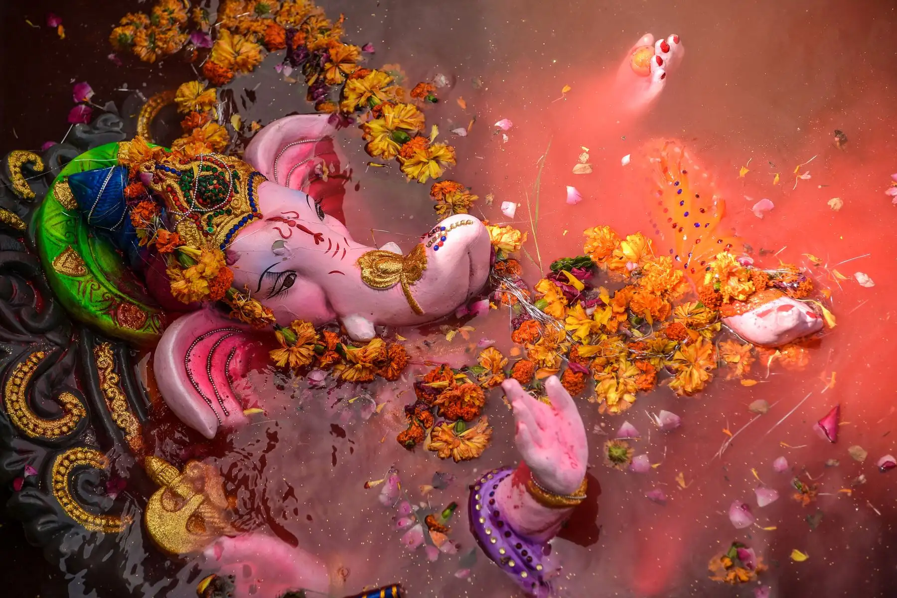 Un ídolo del dios hindú con cabeza de elefante Lord Ganesha se sumerge en el agua de la bahía el último día del festival Ganesh Chaturthi en Ajmer. Foto: AFP