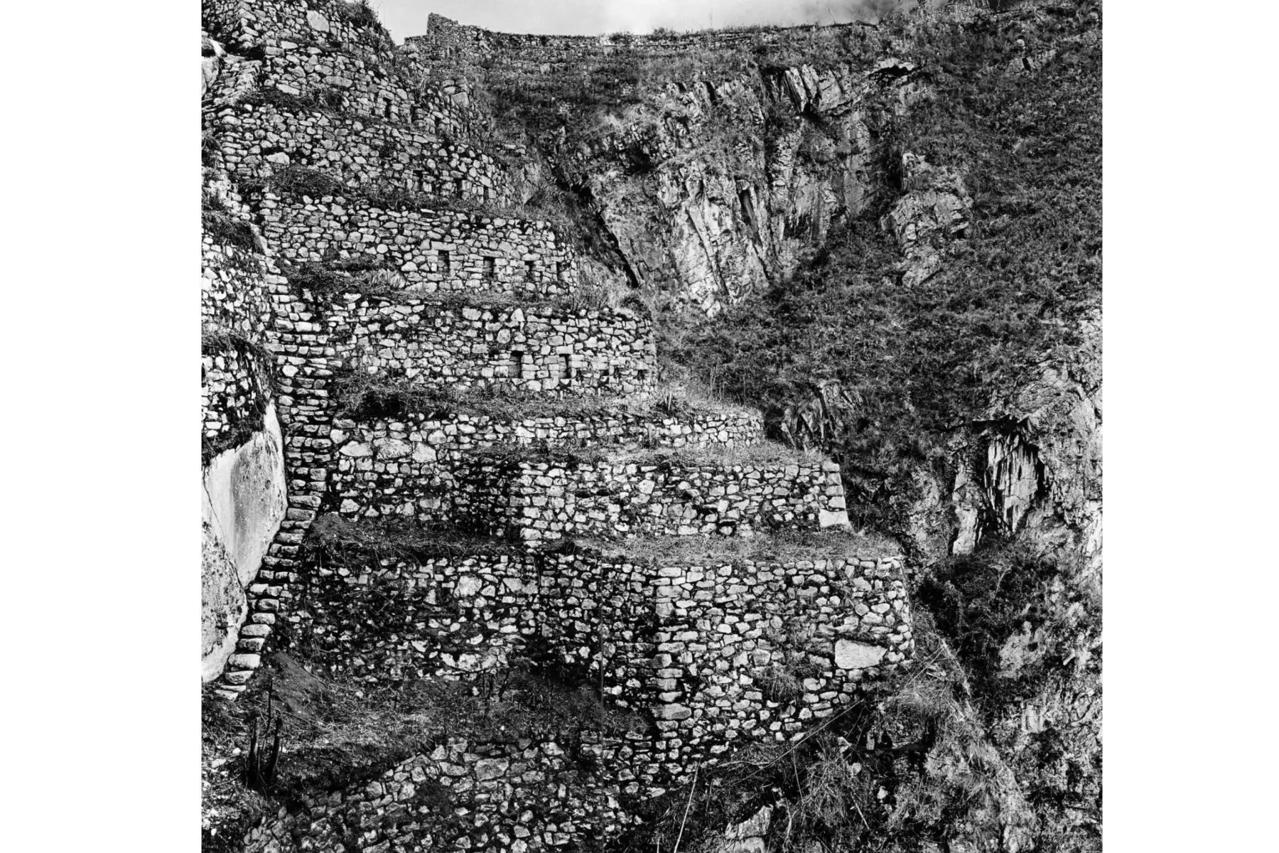 Terrazas  conectadas por escaleras, a veces empinadas, estrechas y sinuosas como la de la izquierda.
Foto:  Hiram Bingham / National Geographic