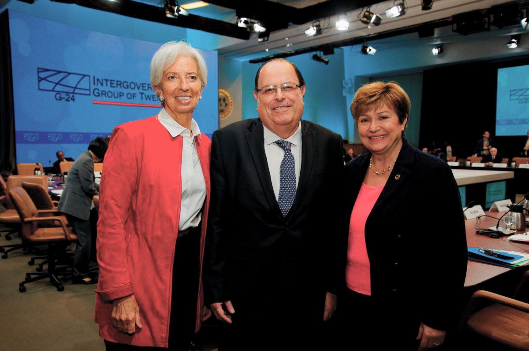 Christine Lagarde, Julio Velarde y Kristalina Georgieva en reunión del G-24 en abril último