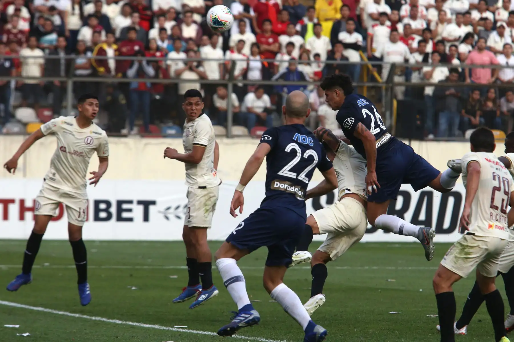 Universitario de Deportes celebra el 1er gol ante Alianza Lima en el clásico del futbol peruano jugado en el estadio Monumental, por la Fecha 9 del Torneo Clausura. Foto: ANDINA/Vidal Tarqui