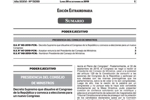 Decreto supremo que disuelve al Congreso de la República y convoca elecciones para un nuevo Parlamento.