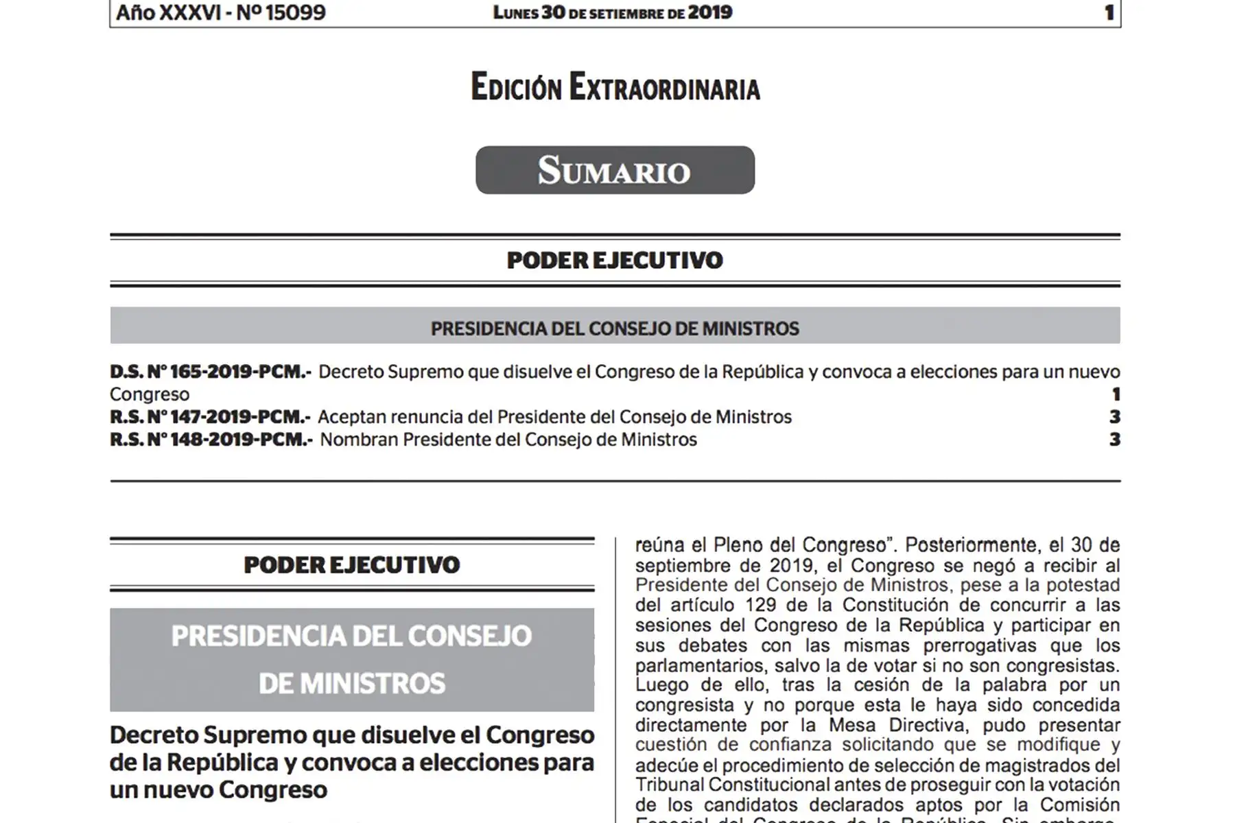 Decreto supremo que disuelve al Congreso de la República y convoca elecciones para un nuevo Parlamento.